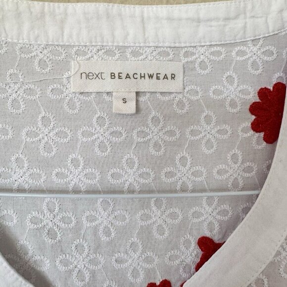 Next Beach Cover Up Kaftan Size Small White Red Floral Embroidered Print - Picture 4 of 7